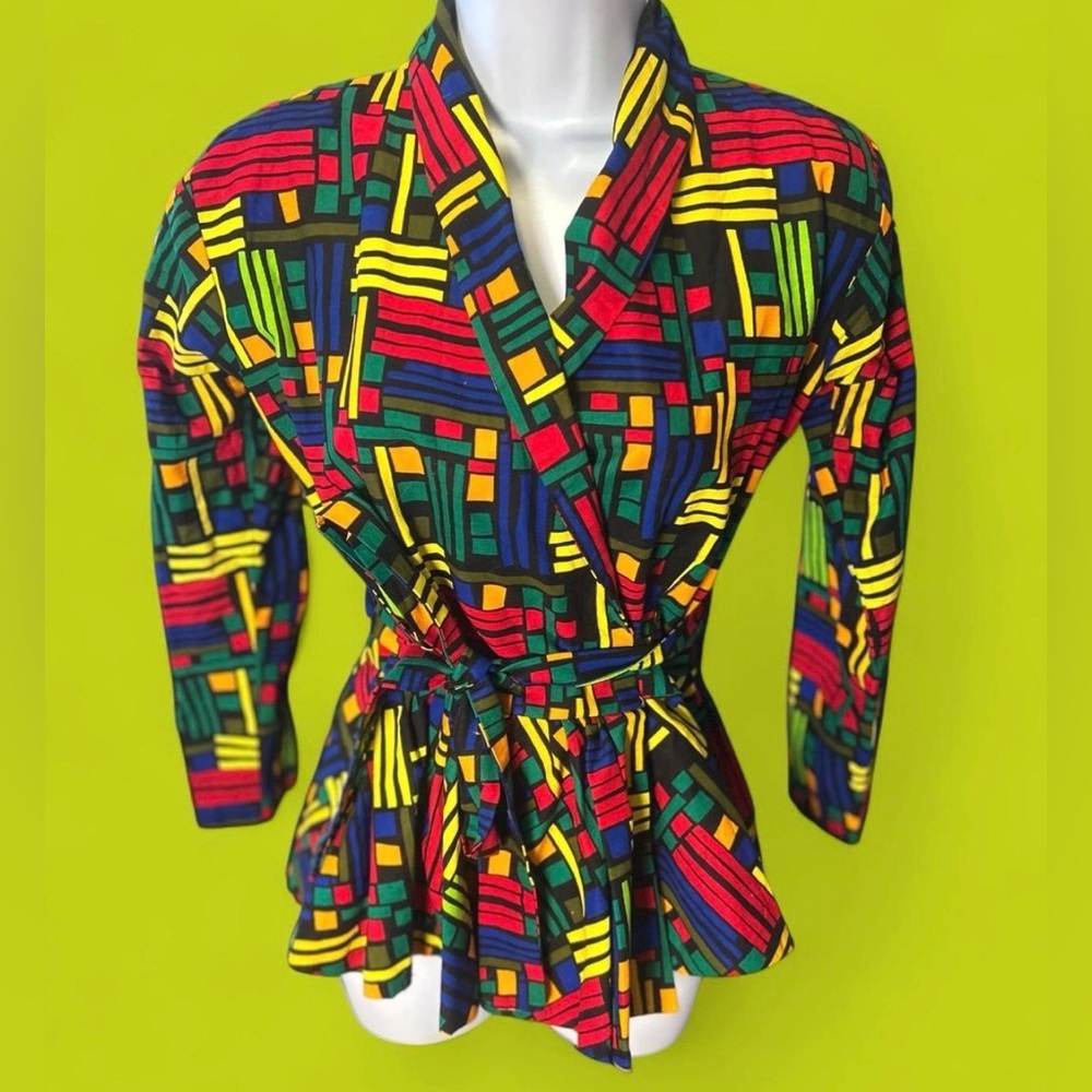 Vintage 1980’s crazy colorful and vibrant geometric print peplum wrap top/blouse